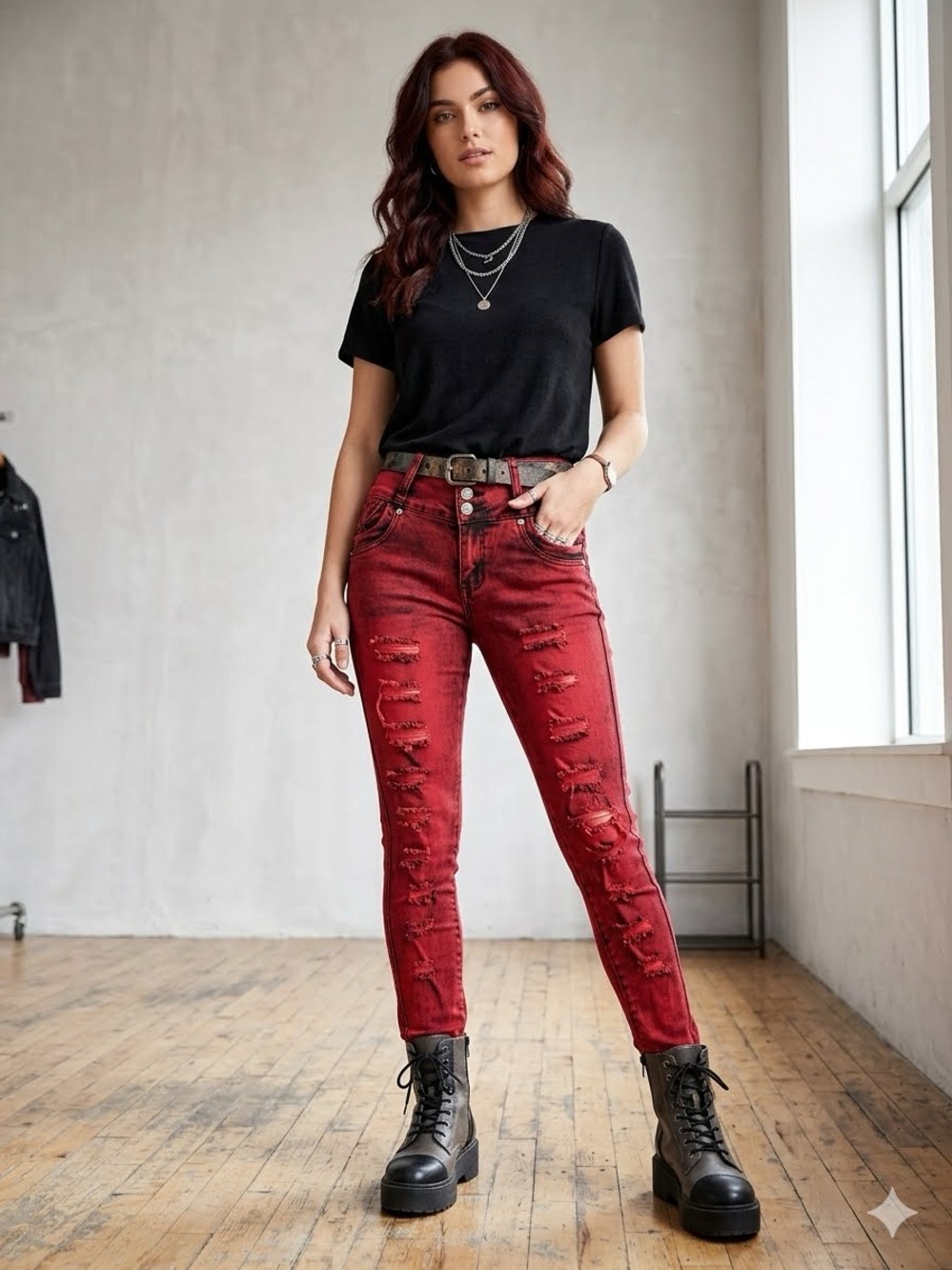 DIVA STAR Distressed Red stretch Skinny Jeans